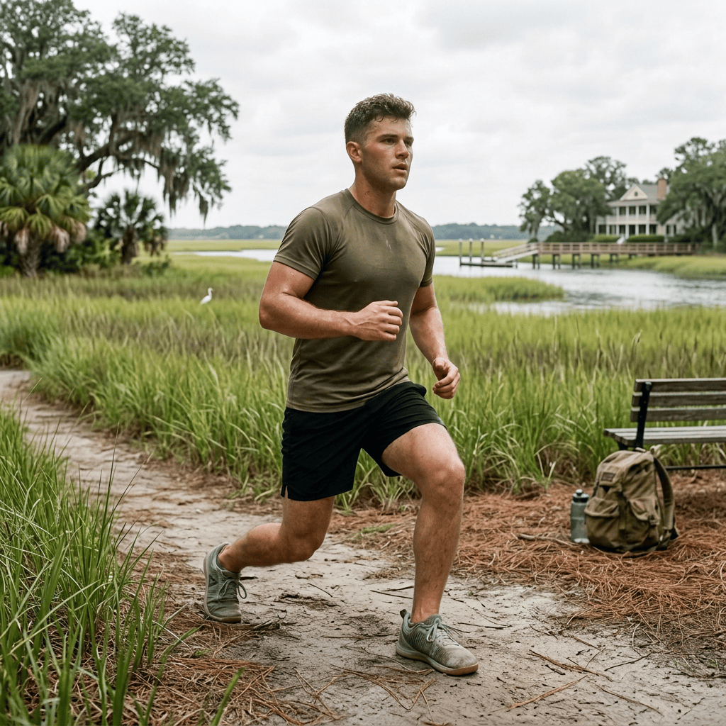 Man running on a park path beside outdoor exercise equipment