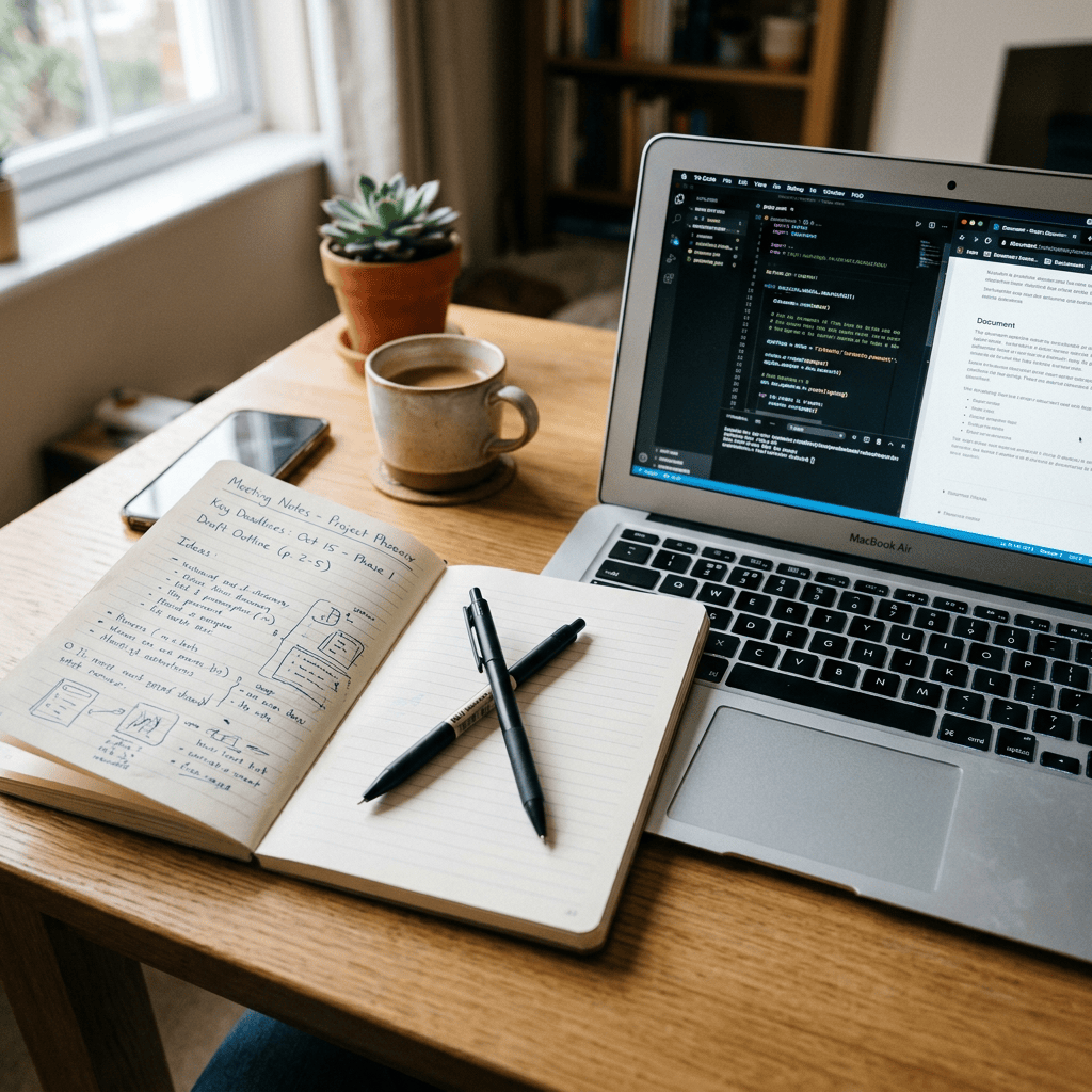 Laptop displaying code beside an open notebook, pens, coffee, and plant